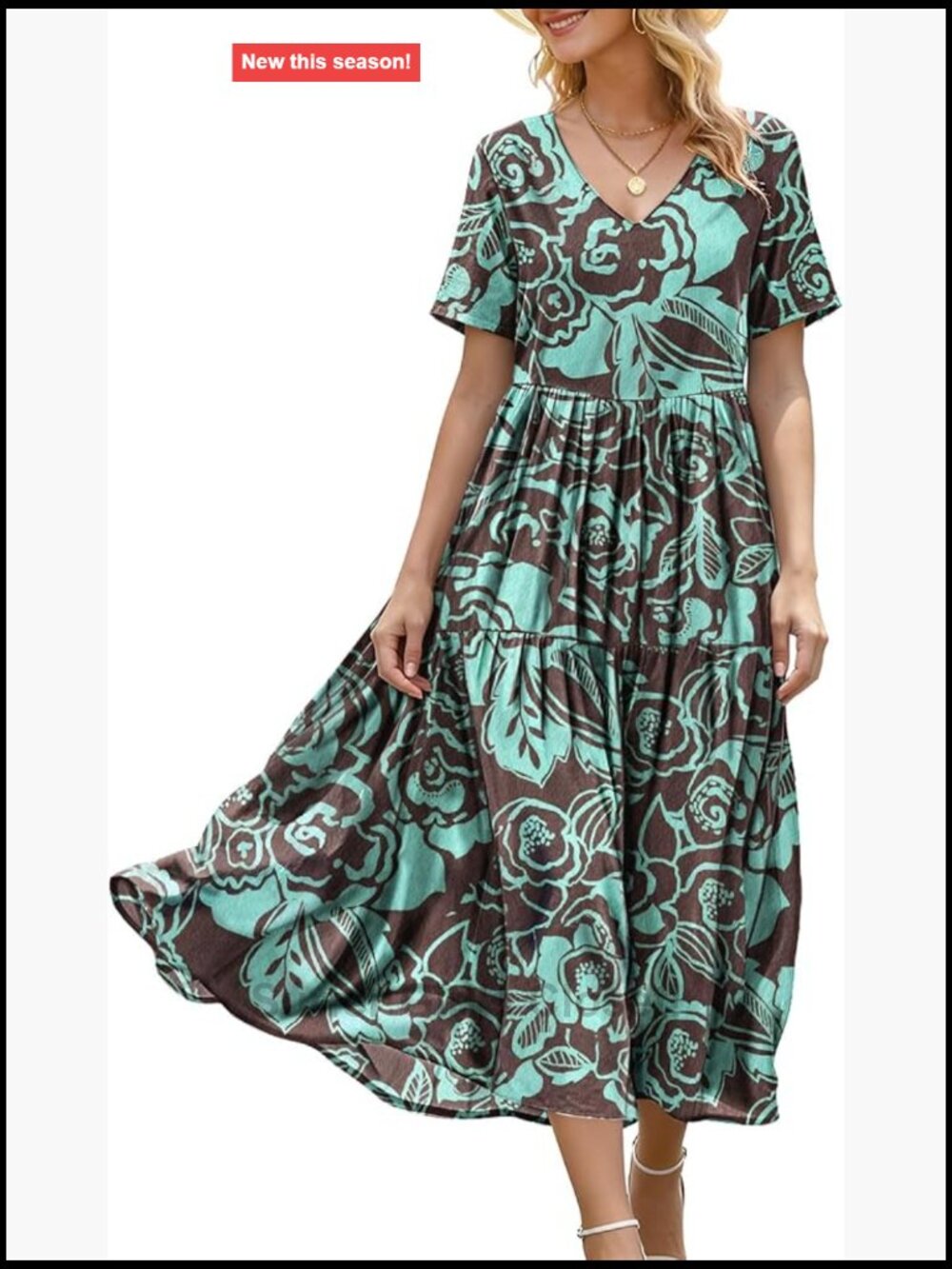 Women's Summer Maxi Dress Casual Short Sleeve V-Neck Boho Swing Dress with